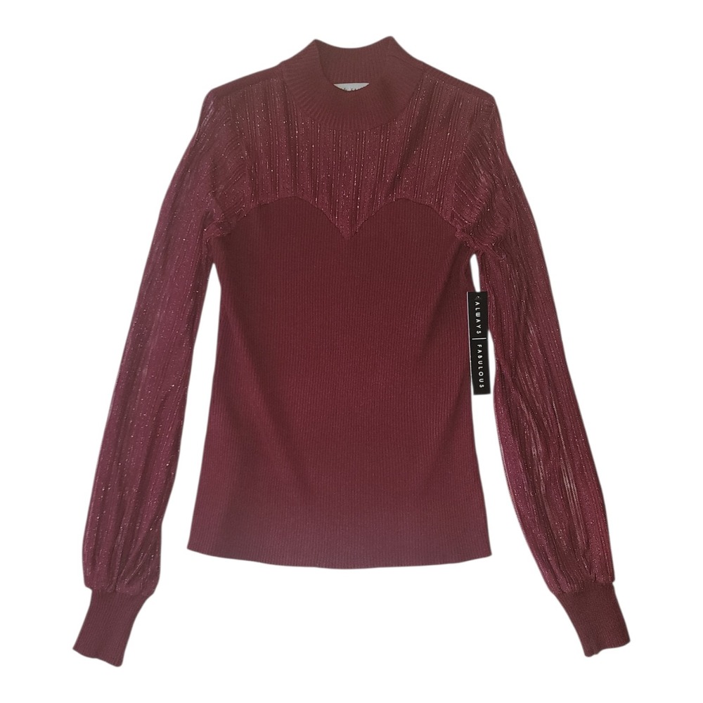Absolutely Famous Top NWT M Medium Red‎ Sheer Long Sleeve Glitter Mock Neck